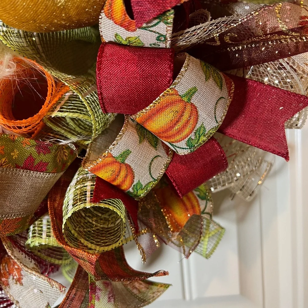 Autum Fall Ribbon Wreath Thankful Gnome Handmade 22 in’s. #W3
